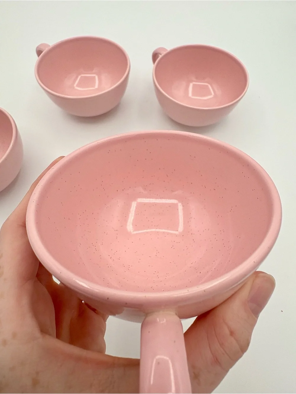Vintage Set of 4 Pink Tea Cups Short Speckled Mid Century Modern Decor Serving